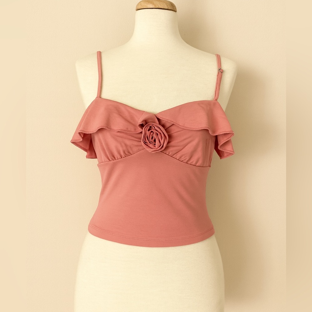 THATSSOFETCH Pink Ruffle Crop Top with Rose Detail - Size S